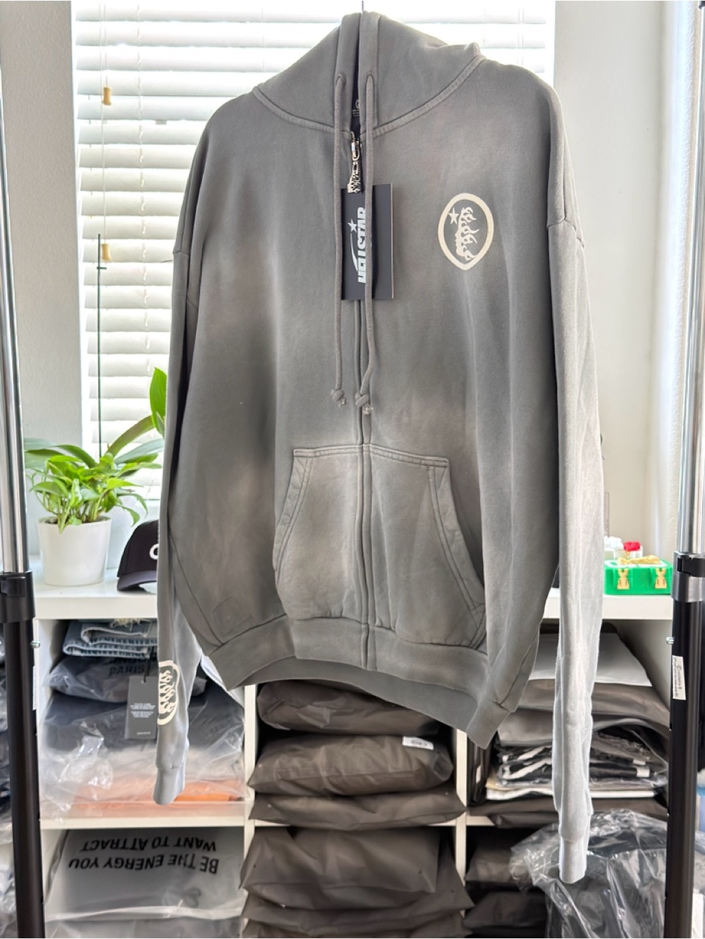 Washed Gray Zip-Up Hoodie with Subtle Crest
